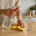 Egy személy ecetet használ takarításhoz a konyhában.