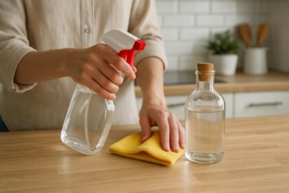 Egy személy ecetet használ takarításhoz a konyhában.