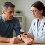 Orvos méri a vérnyomást egy páciensek