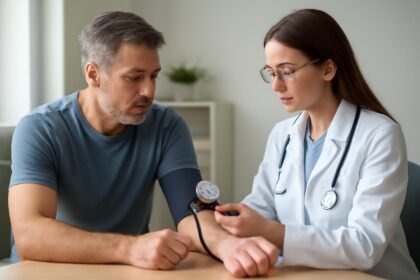 Orvos méri a vérnyomást egy páciensek