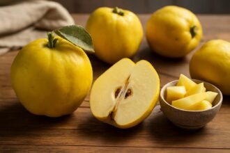 Friss birsalma és szeletek egy tálban, egészséges étkezéshez.