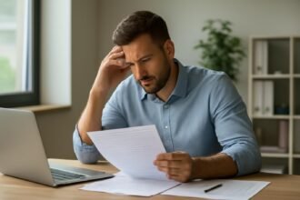 Férfi aggódik a csődeljárás dokumentumai felett