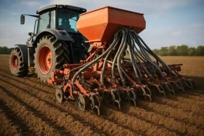 Direktvetőgép működése mezőgazdasági területen.