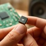 Hall-IC chip held in hand with a green circuit board and speaker in the background