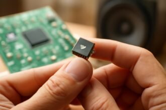 Hall-IC chip held in hand with a green circuit board and speaker in the background