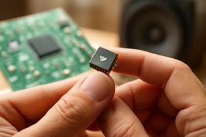 Hall-IC chip held in hand with a green circuit board and speaker in the background