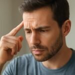 Férfi, aki gondolkodik és a homlokára tapint