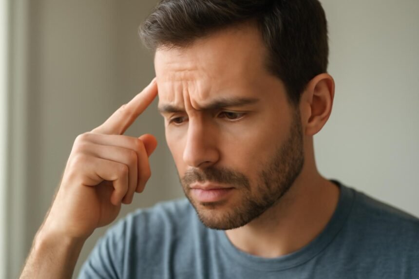 Férfi, aki gondolkodik és a homlokára tapint