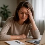 Fiatal nő stresszes helyzetben laptop előtt, kezét a fején tartva.