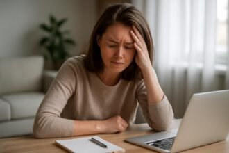Fiatal nő stresszes helyzetben laptop előtt, kezét a fején tartva.