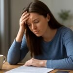 Feszülten szemlél egy papírt, kávé mellett ülve, krónikus stressz jelensége.