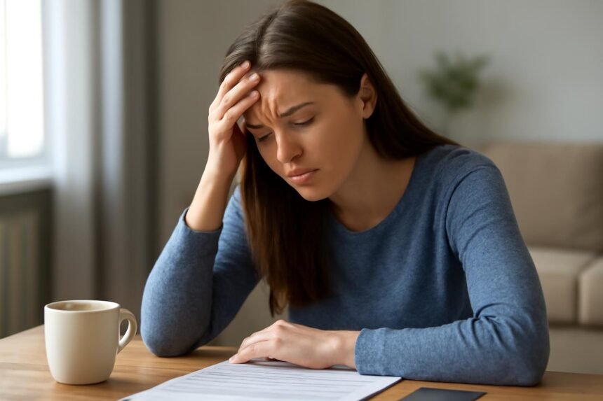 Feszülten szemlél egy papírt, kávé mellett ülve, krónikus stressz jelensége.