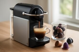 Nespresso kávégép eszpresszó készítése közben, kávékapszulák mellett.