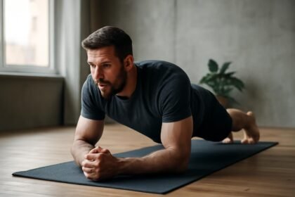 Férfi plank gyakorlatot végez a teremben, erős hasizom edzése