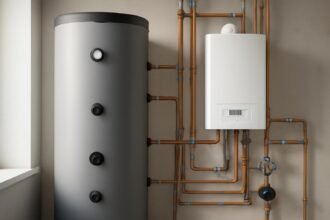 Modern puffertartály és fűtési rendszer csővezetékek