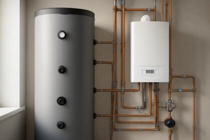 Modern puffertartály és fűtési rendszer csővezetékek