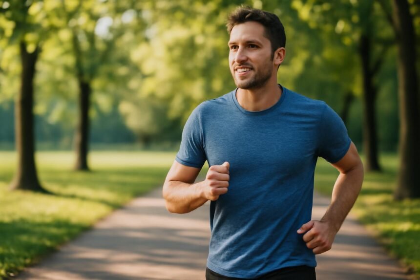 Férfi futás közben a természetben, egészséges életmód.