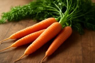 Friss répa zöld levelekkel a fából készült asztalon.