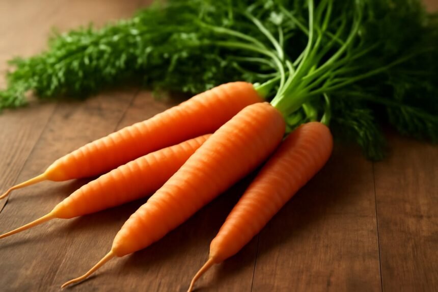 Friss répa zöld levelekkel a fából készült asztalon.