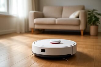 Robotporszívó működés közben a modern nappaliban.