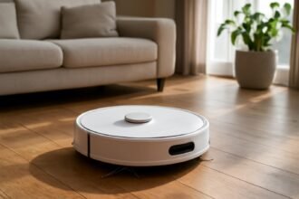 Robotporszívó a nappaliban, modern tisztítási technológiák képviselője.