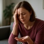 A nő fáradtan és aggódva néz a kezére, ami a speed használatának tüneteit tükrözi.
