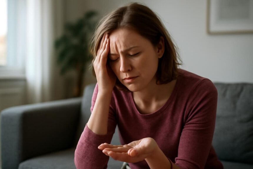 A nő fáradtan és aggódva néz a kezére, ami a speed használatának tüneteit tükrözi.