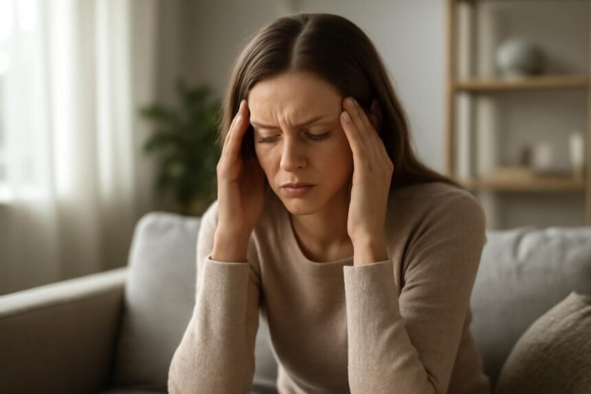 Nő stressz miatt fejfájással, otthoni környezetben, szürke kanapén ülve.