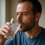 Férfi szénsavas vizet iszik egy pohárból, egészségtudatos döntések.
