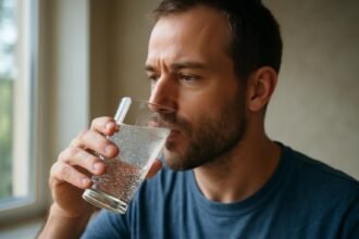 Férfi szénsavas vizet iszik egy pohárból, egészségtudatos döntések.