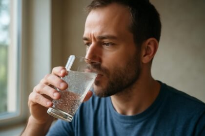 Férfi szénsavas vizet iszik egy pohárból, egészségtudatos döntések.