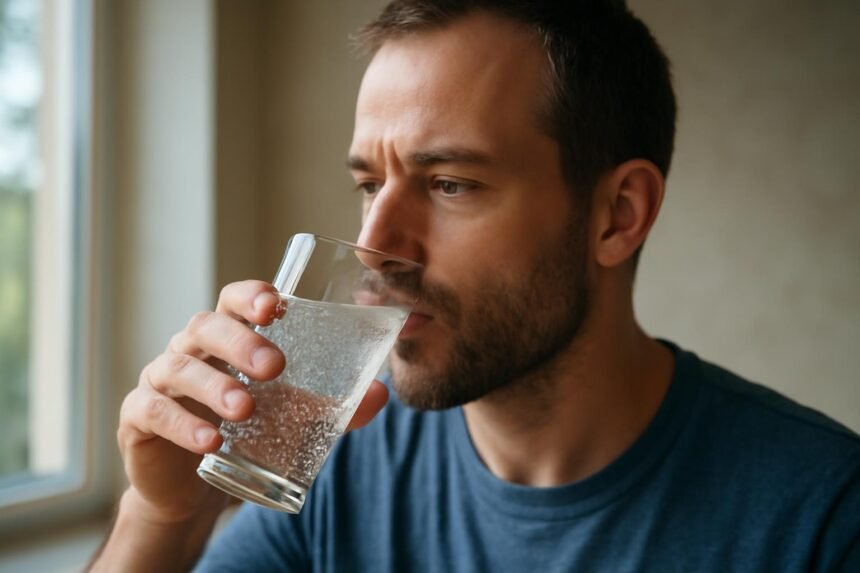 Férfi szénsavas vizet iszik egy pohárból, egészségtudatos döntések.