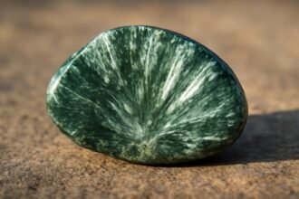 Szerafinit ásvány közelről, gyönyörű zöld színnel és mintázattal.