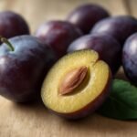 Friss szilvák, köztük egy félbevágott szilva, melynek magja látható.