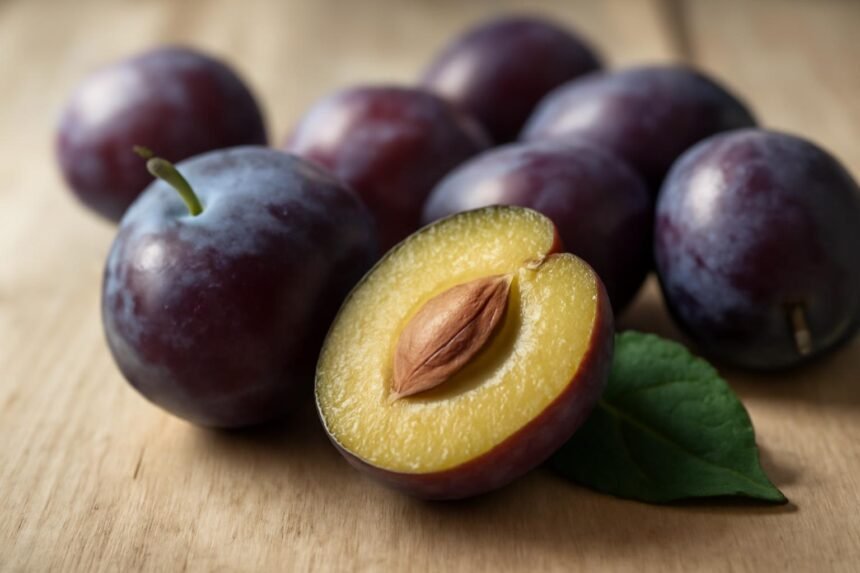 Friss szilvák, köztük egy félbevágott szilva, melynek magja látható.