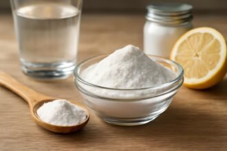 Szódabikarbóna, citrom és víz a konyhában, egészségügyi előnyök.