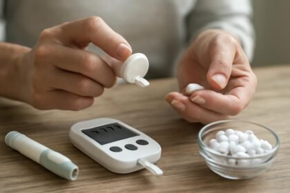 Kéz, amely szőlőcukor tablettát tart, vércukormérő mellett