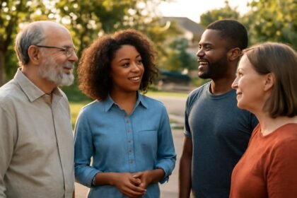 Négy ember beszélget egy parkban, kiemelve a közösségi kapcsolatokat.
