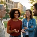 Különböző emberek baráti beszélgetése közben egy közösségben.