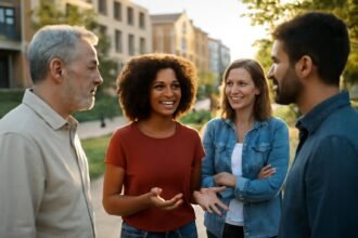Különböző emberek baráti beszélgetése közben egy közösségben.