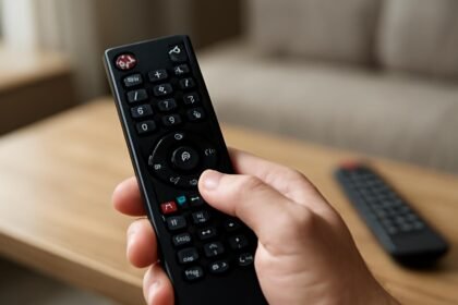 Kézben tartott távirányító a modern otthonban.