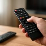 Kézben tartott távirányító, amely az otthoni eszközöket irányítja.