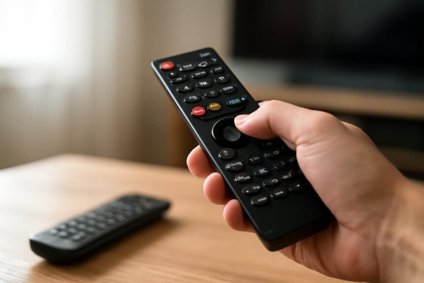 Kézben tartott távirányító, amely az otthoni eszközöket irányítja.