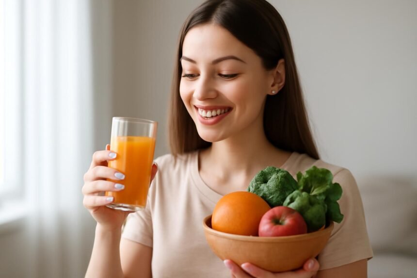 Nő friss gyümölcsöket és zöldségeket tart a kezében, egészséges életmód.