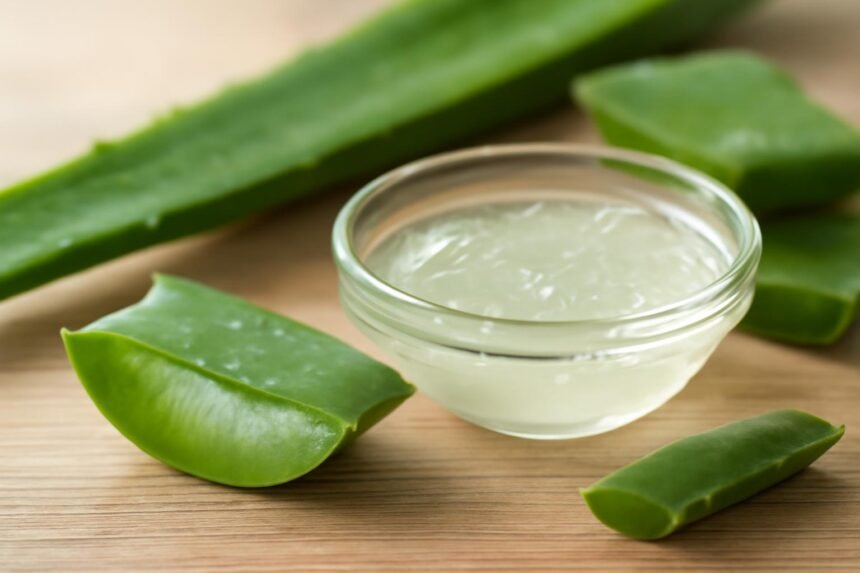 Aloe vera levél és géltartó tálka a szépségápolás előnyeivel