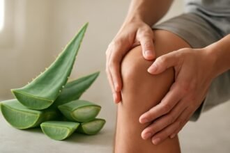 Aloe vera levelek és emberi kéz, ízületi fájdalmat enyhítve.