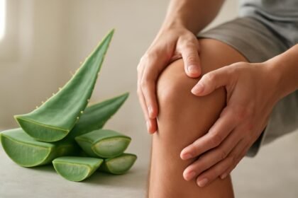 Aloe vera levelek és emberi kéz, ízületi fájdalmat enyhítve.