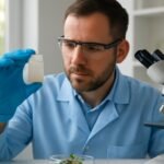 Kutató elemzi az SP54 anyagot laboratóriumi környezetben.