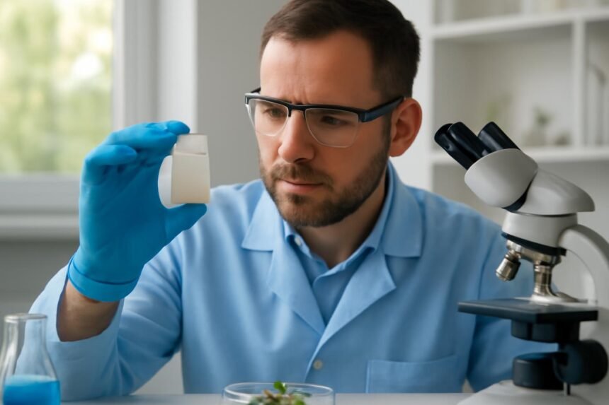 Kutató elemzi az SP54 anyagot laboratóriumi környezetben.