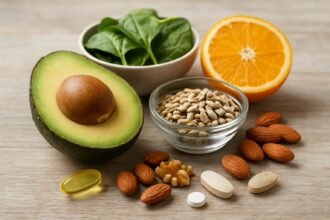 E-vitamin, szelén és cink forrásai: avokádó, spenót, narancs és diófélék